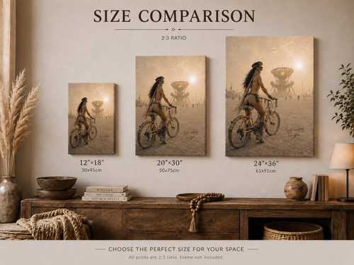 Poster size comparison showing 8x12, 12x18, 20x30 and 24x36 inch vertical desert wall art.