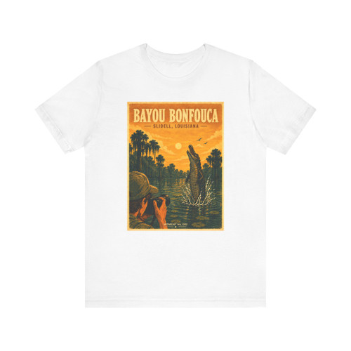 Louisiana Bayou alligator T-shirt featuring vintage-inspired MOMENT No. 002 artwork with an explorer on a dock and an alligator in the swamp.