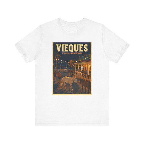 White Vieques Island Puerto Rico wild horse T-shirt featuring vintage-inspired MOMENT No. 005 artwork with horses moving through an island town.