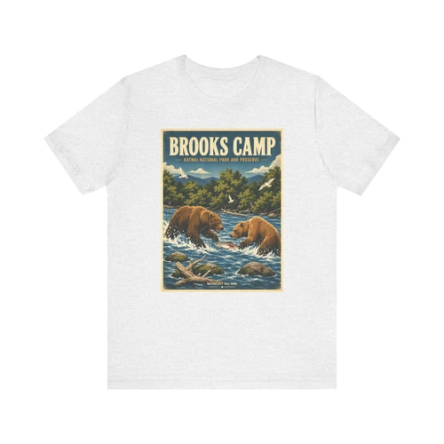 Ash Brooks Camp Katmai National Park Alaska bear T-shirt featuring vintage-inspired MOMENT No. 006 artwork with brown bears and wild salmon along the river.