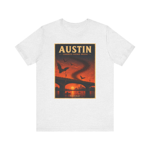 Austin Texas Congress Avenue Bridge bat T-shirt featuring vintage-inspired MOMENT No. 007 artwork with bats emerging beneath the bridge at sunset.