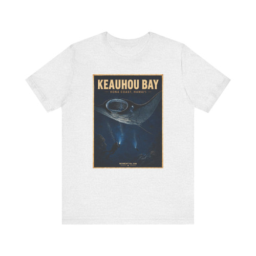 Keauhou Bay Kona Coast Hawaii manta ray T-shirt featuring vintage-inspired MOMENT No. 008 artwork with manta rays and divers in illuminated nighttime ocean water.