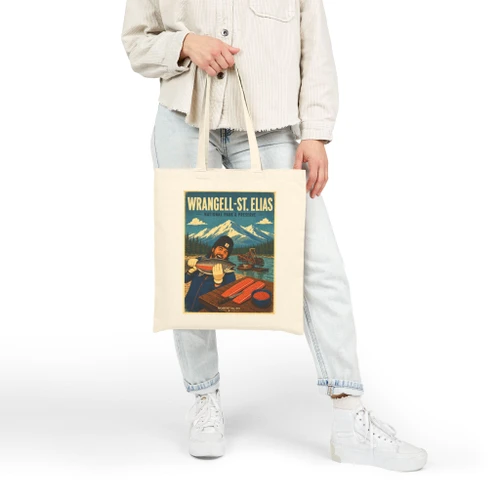 Natural cotton canvas Wrangell-St. Elias Alaska tote bag featuring MOMENT No. 001 salmon and fish wheel artwork.