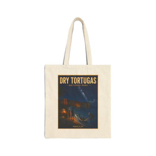 Dry Tortugas National Park Florida cotton canvas tote bag featuring vintage-inspired MOMENT No. 003 artwork with a nighttime fisherman, shark, Fort Jefferson and starry sky.