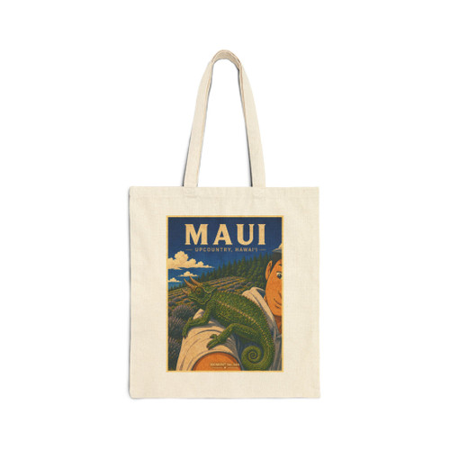 Maui Upcountry Hawaii cotton canvas tote bag featuring vintage-inspired MOMENT No. 004 artwork with a Jackson's chameleon resting on an arm.