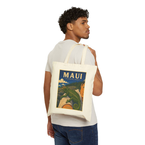 Natural cotton canvas Maui Upcountry Hawaii tote bag featuring MOMENT No. 004 Jackson's chameleon artwork.
