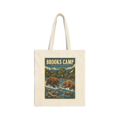 Brooks Camp Katmai National Park Alaska cotton canvas tote bag featuring vintage-inspired MOMENT No. 006 artwork with brown bears and wild salmon along the river.
