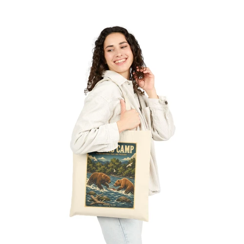 Natural cotton canvas Brooks Camp Katmai Alaska tote bag featuring MOMENT No. 006 brown bear and salmon artwork.