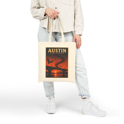 Natural cotton canvas Austin Texas tote bag featuring MOMENT No. 007 Congress Avenue Bridge bat artwork.