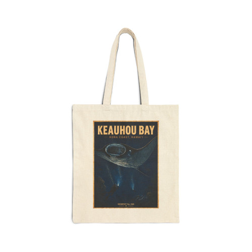 Keauhou Bay Kona Coast Hawaii cotton canvas tote bag featuring vintage-inspired MOMENT No. 008 artwork with manta rays and divers in illuminated nighttime ocean water.