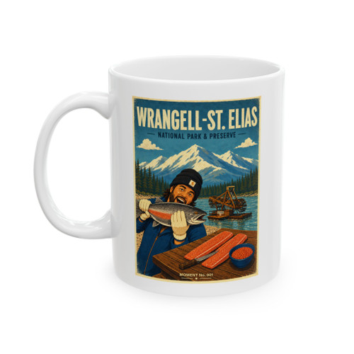Wrangell-St. Elias National Park Alaska white ceramic coffee mug featuring vintage-inspired MOMENT No. 001 artwork with a fisherman, wild salmon and traditional fish wheel.