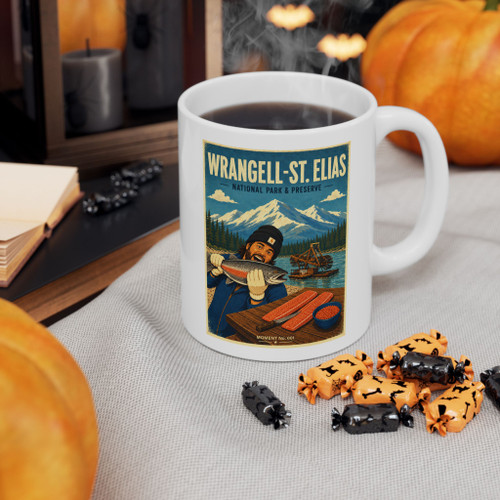 11 oz white ceramic Wrangell-St. Elias Alaska coffee mug featuring MOMENT No. 001 salmon and fish wheel artwork.