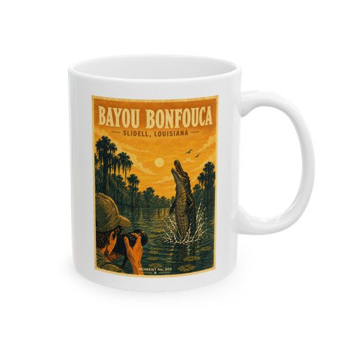 Louisiana Bayou white ceramic coffee mug featuring vintage-inspired MOMENT No. 002 artwork with an explorer on a dock and an alligator in the swamp.