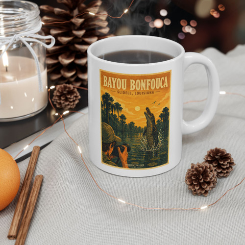 11 oz white ceramic Louisiana Bayou coffee mug featuring MOMENT No. 002 alligator artwork.