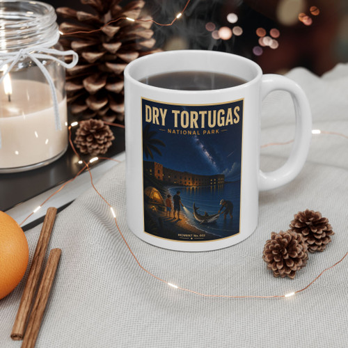 11 oz white ceramic Dry Tortugas National Park coffee mug featuring MOMENT No. 003 shark and nighttime fishing artwork.