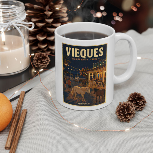 11 oz white ceramic Vieques Island Puerto Rico coffee mug featuring MOMENT No. 005 wild horse artwork.