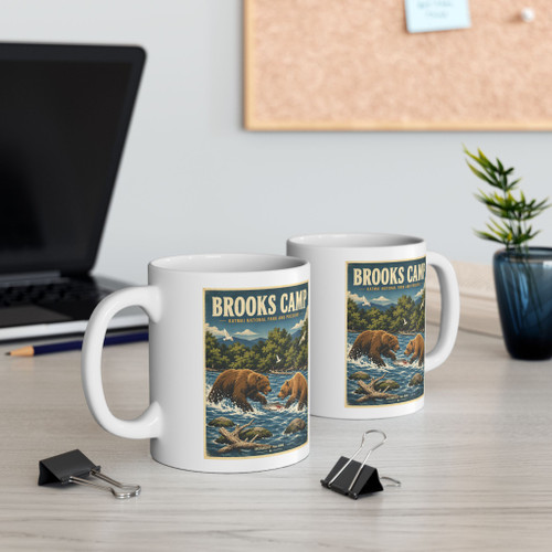 11 oz white ceramic Brooks Camp Katmai Alaska coffee mug featuring MOMENT No. 006 brown bear and salmon artwork.