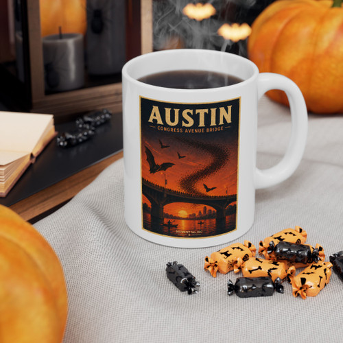 11 oz white ceramic Austin Texas coffee mug featuring MOMENT No. 007 Congress Avenue Bridge bat artwork.