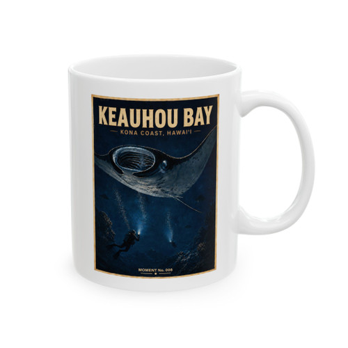 Keauhou Bay Kona Coast Hawaii white ceramic coffee mug featuring vintage-inspired MOMENT No. 008 artwork with manta rays and divers in illuminated nighttime ocean water.