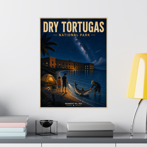 12 x 16 inch Dry Tortugas National Park matte poster featuring MOMENT No. 003 shark and nighttime fishing artwork.