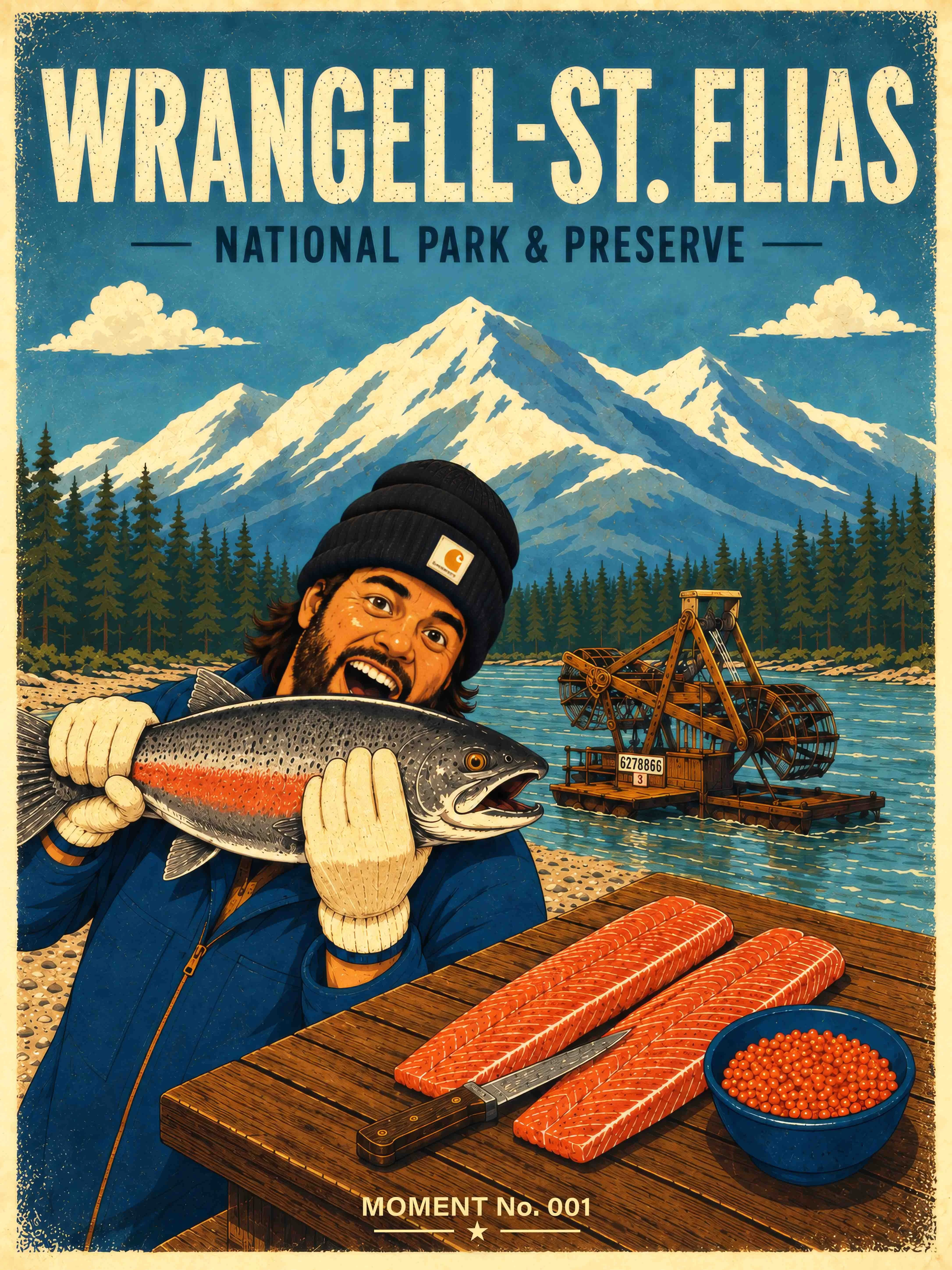 Vintage-inspired MOMENT No. 001 artwork depicting a fisherman holding a wild salmon beside a traditional fish wheel in Wrangell–St. Elias National Park & Preserve, Alaska.