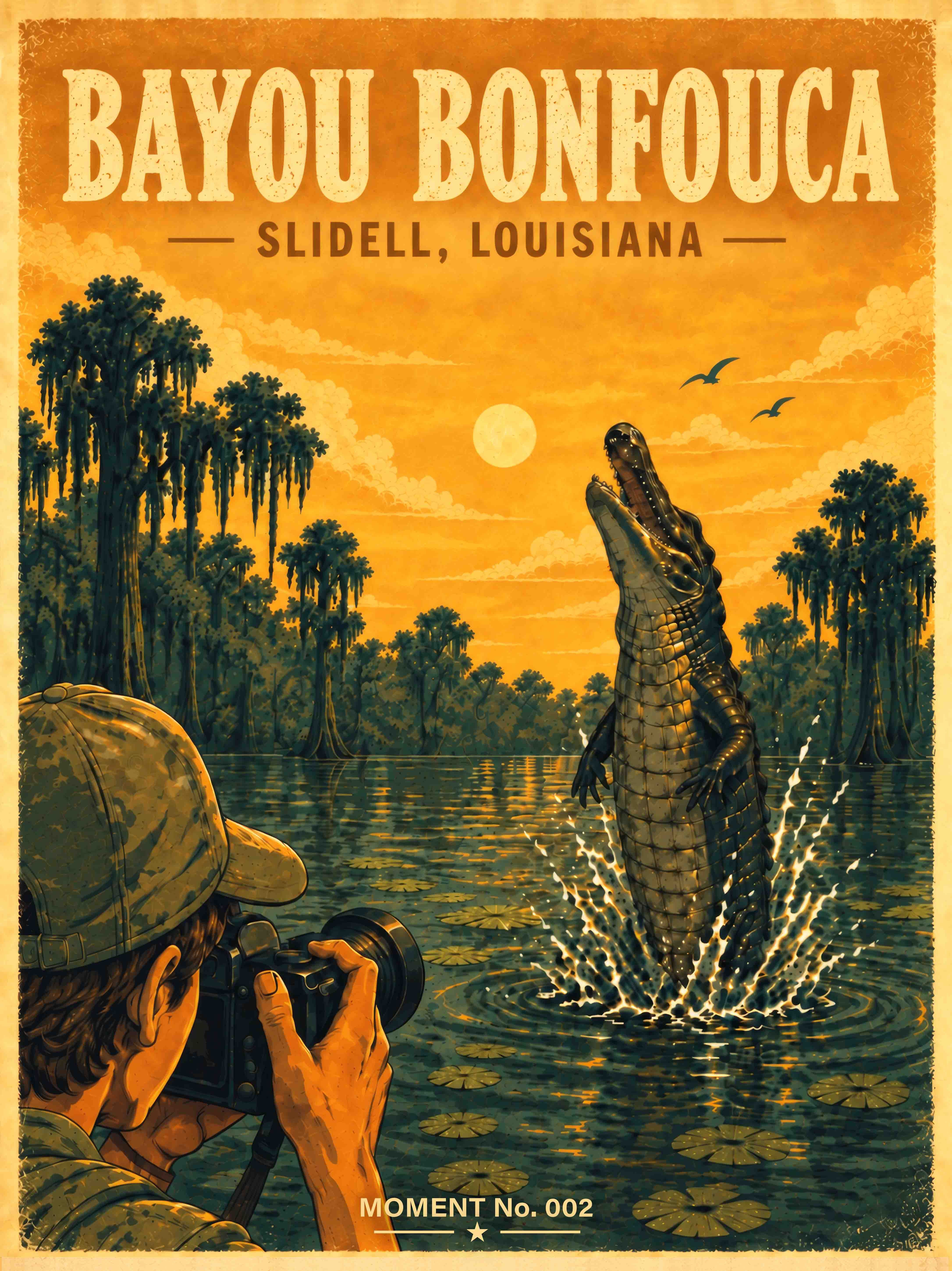 Vintage-inspired MOMENT No. 002 artwork depicting an alligator leaping beside a dock in Bayou Bonfouca, Slidell, Louisiana.