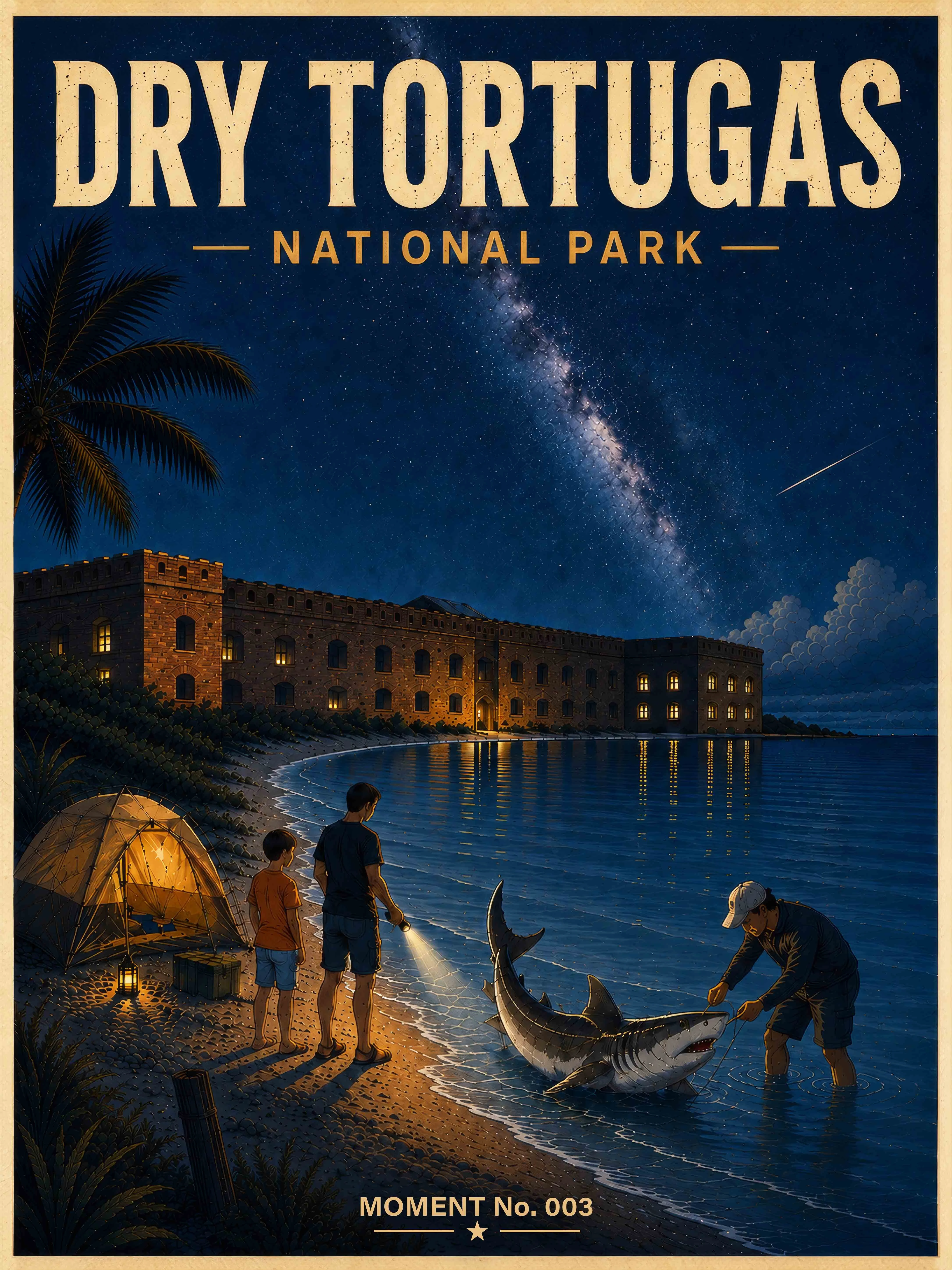MOMENT No. 003 – Dry Tortugas National Park, Florida MOMENT No. 003 is inspired by a real family camping memory in Dry Tortugas National Park, where a nighttime fishing encounter with a large shark unfolded beneath the stars near Fort Jefferson.
