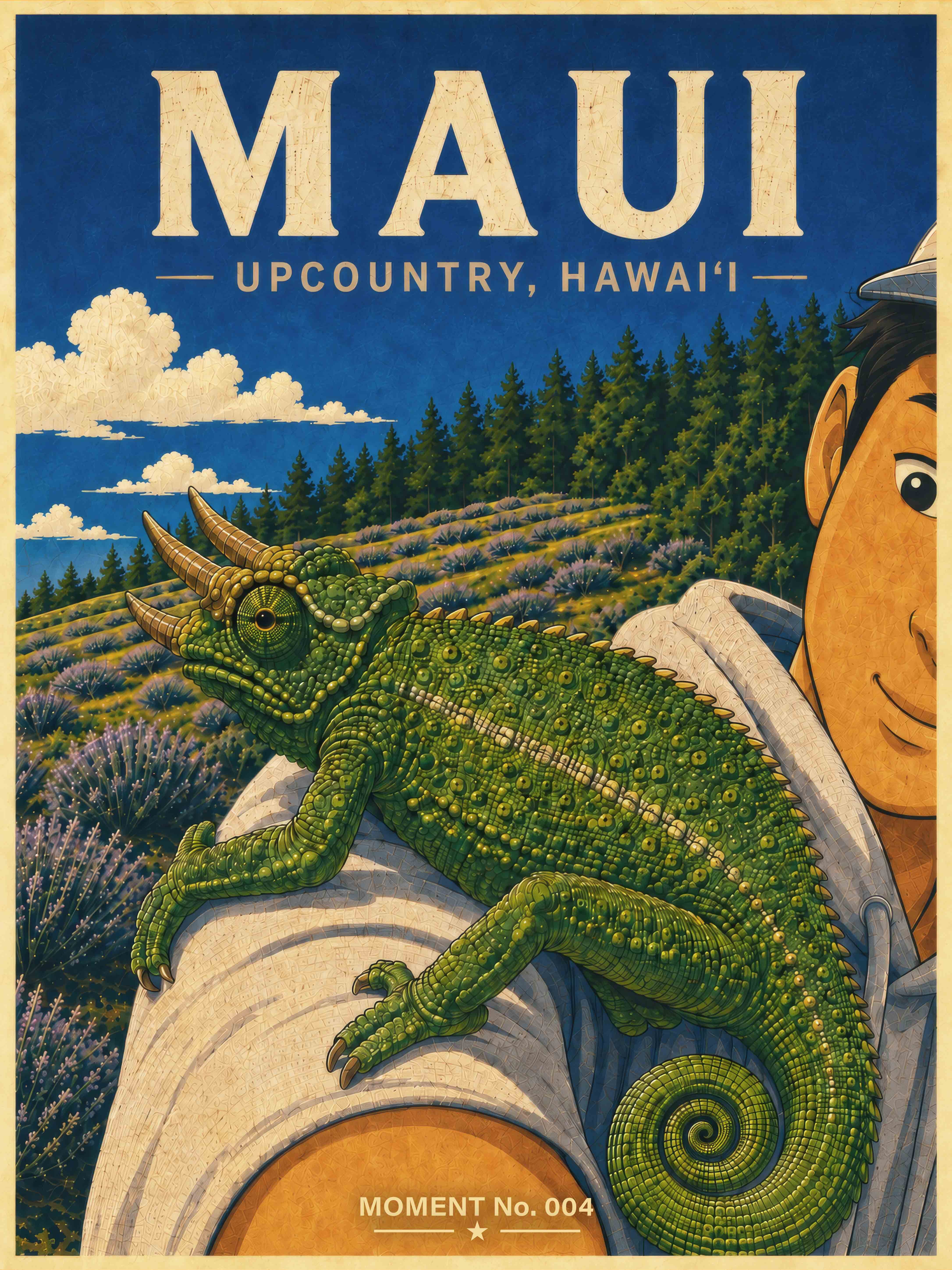 Vintage-inspired MOMENT No. 004 artwork depicting a Jackson’s chameleon resting on an arm in Upcountry Maui, Hawai‘i.
