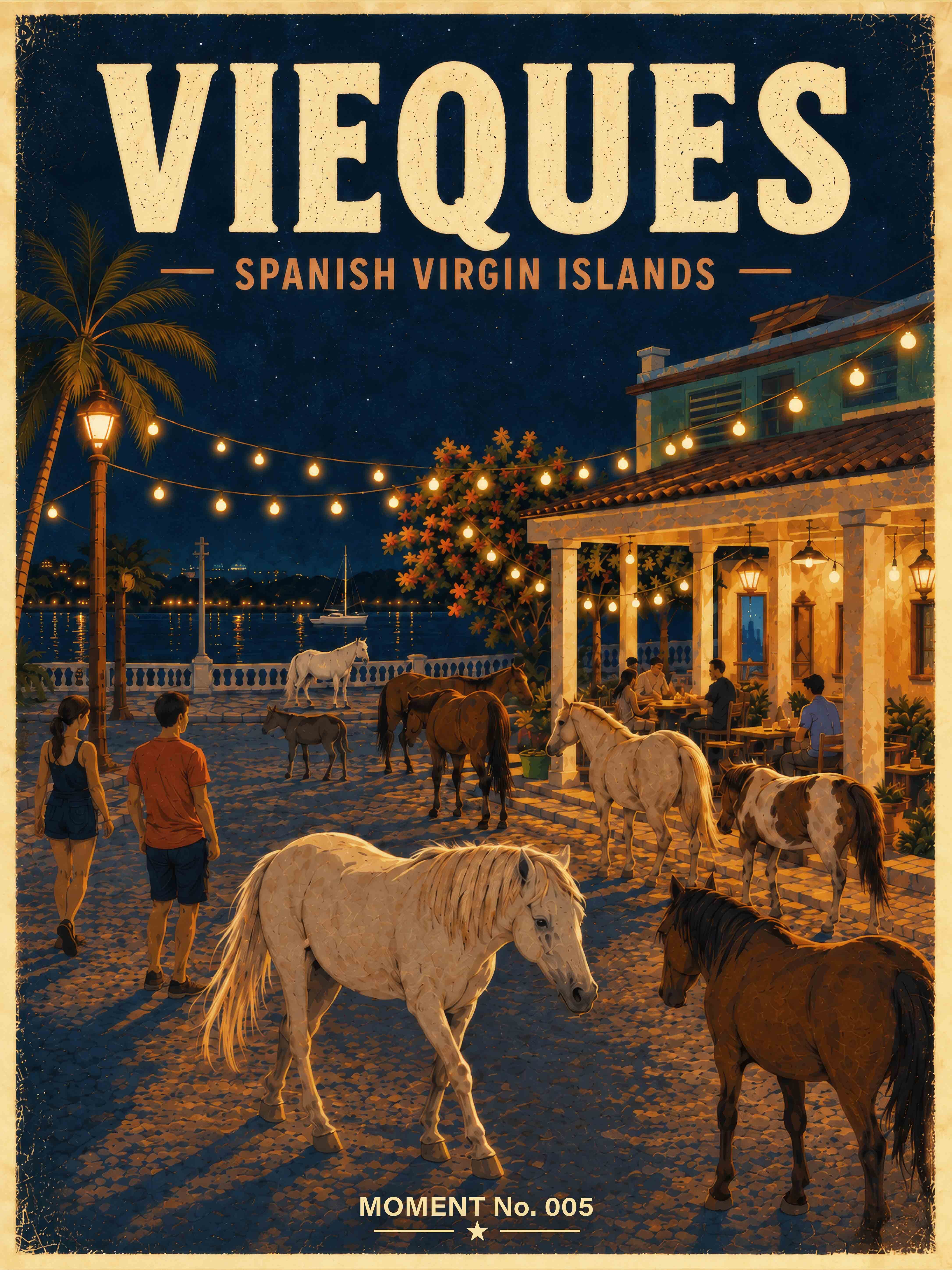 Vintage-inspired MOMENT No. 005 artwork depicting free-roaming horses walking through a nighttime street in Vieques, Puerto Rico.