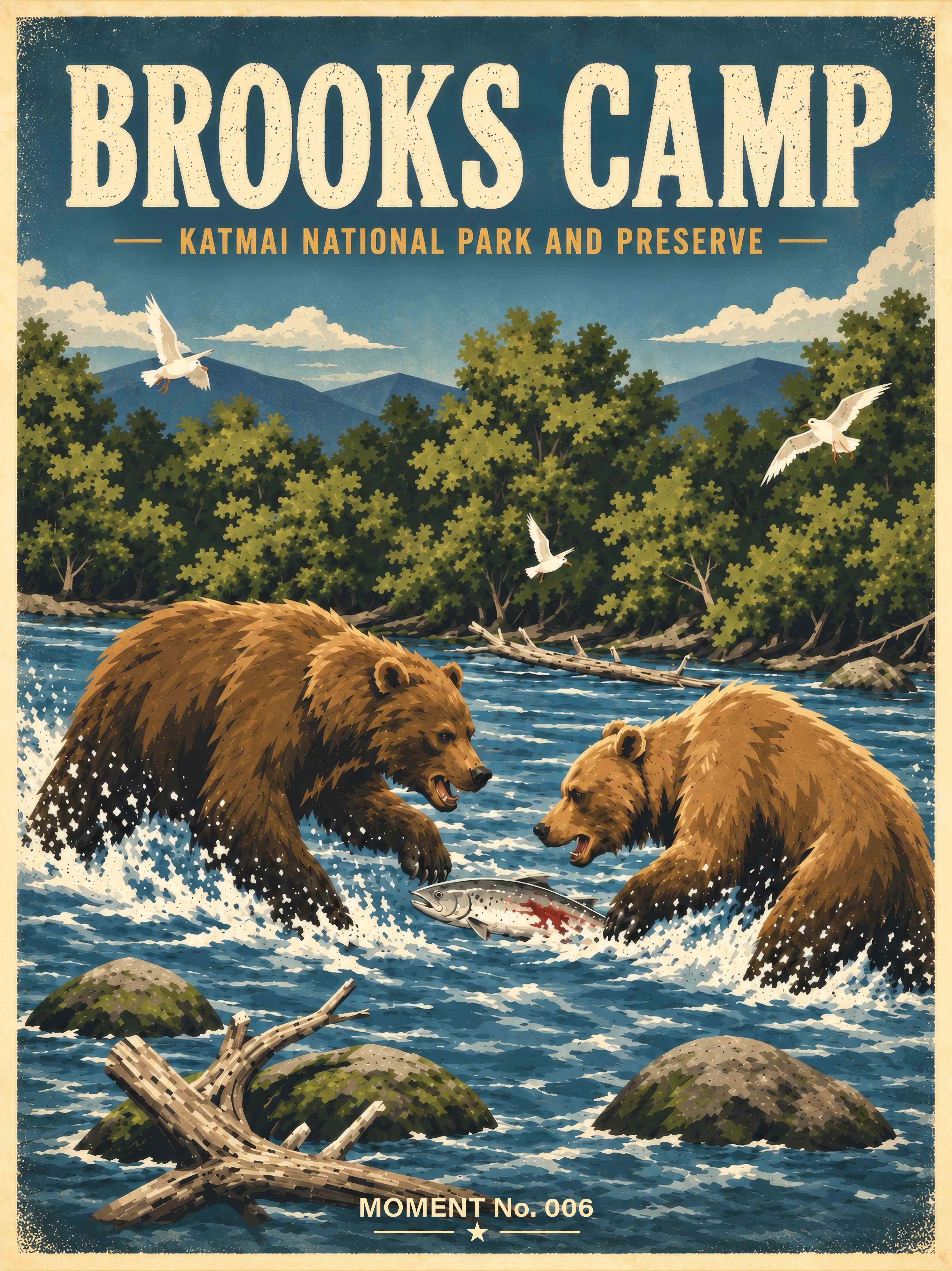 Vintage-inspired MOMENT No. 006 artwork depicting two brown bears competing over wild salmon at Brooks Camp in Katmai National Park & Preserve, Alaska.