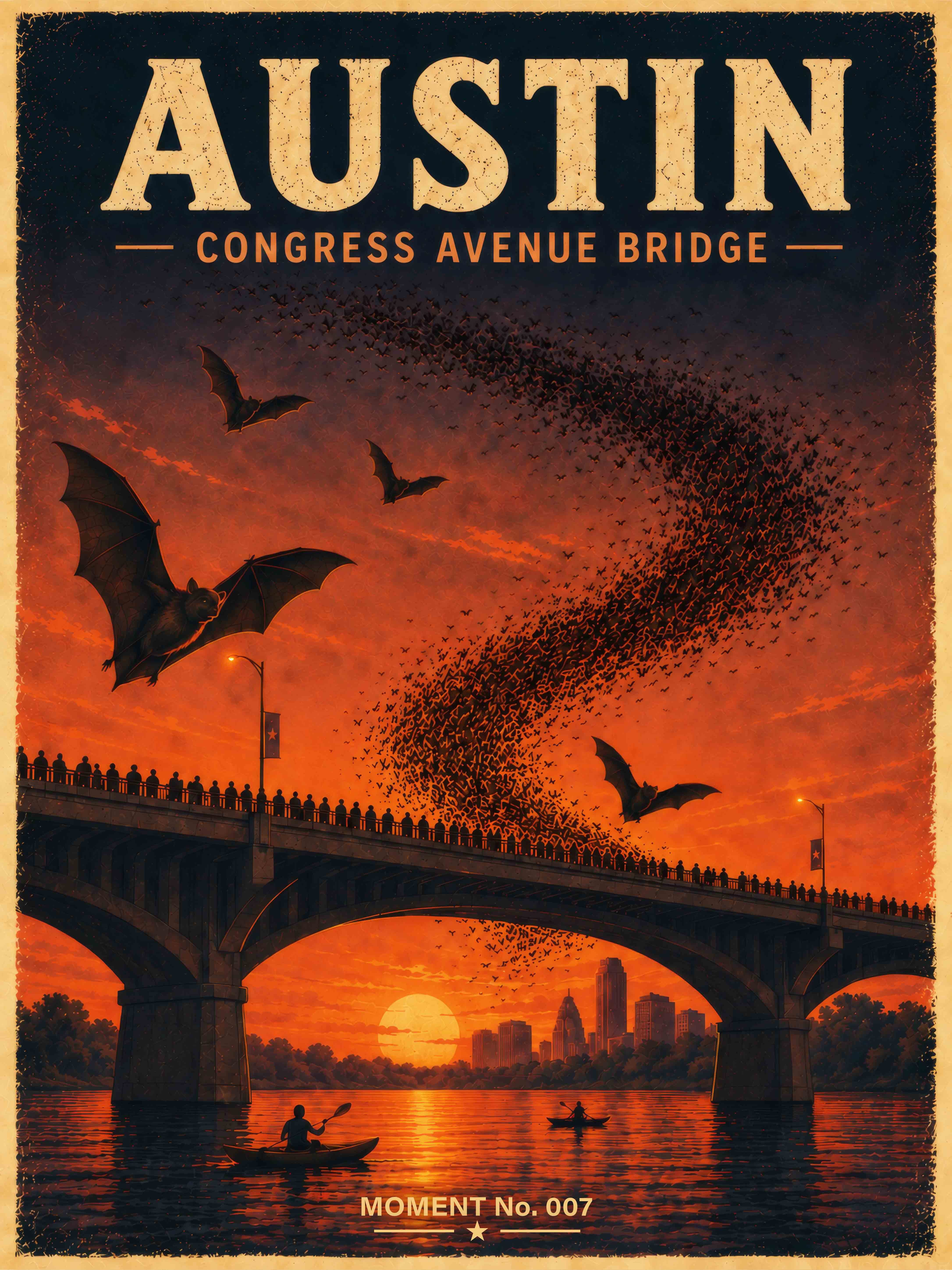 Vintage-inspired MOMENT No. 007 artwork depicting bats emerging from beneath Congress Avenue Bridge at sunset in Austin, Texas.