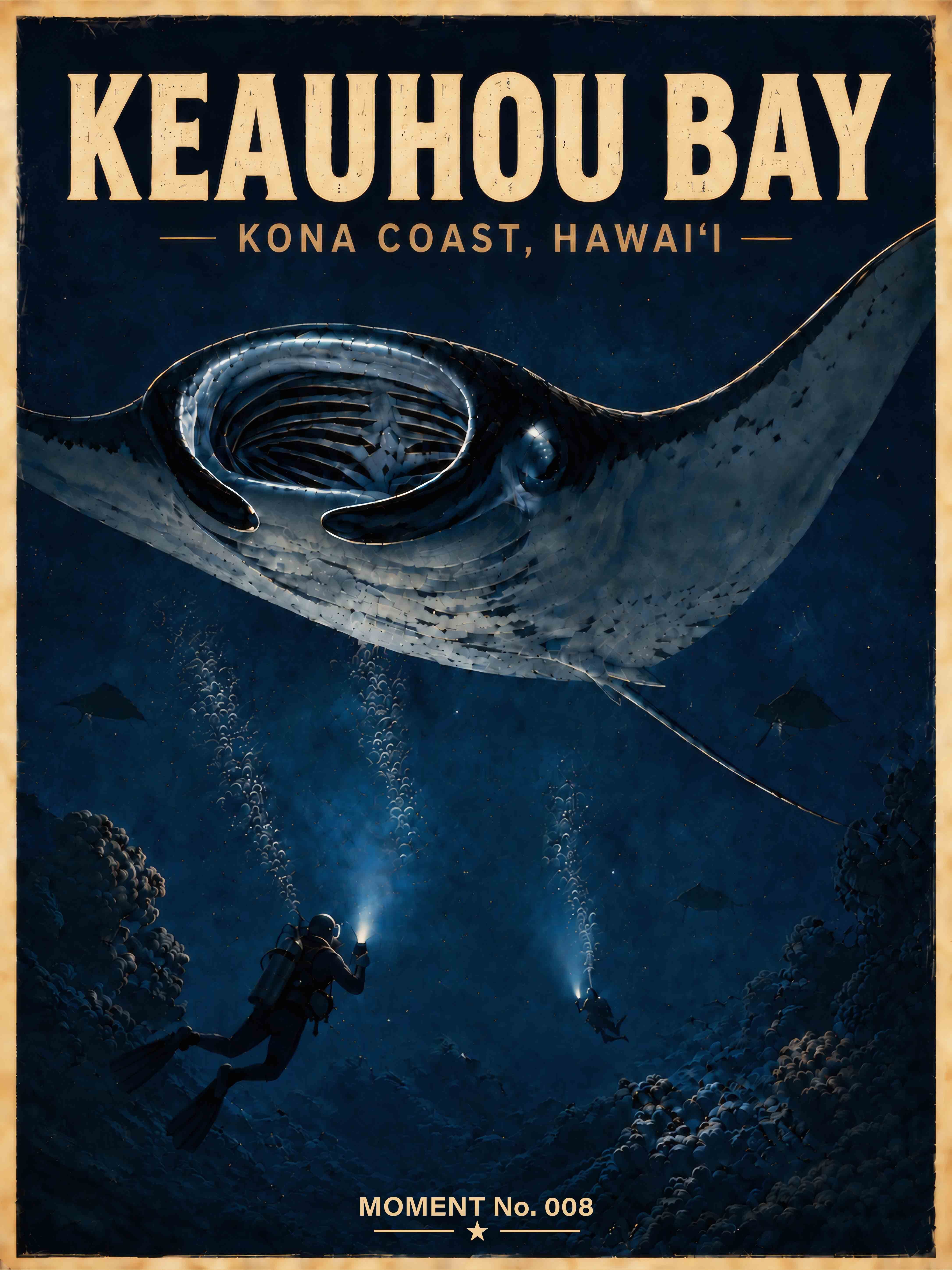 Vintage-inspired MOMENT No. 008 artwork depicting a manta ray gliding above divers during a nighttime encounter at Keauhou Bay on the Kona Coast of Hawai‘i.