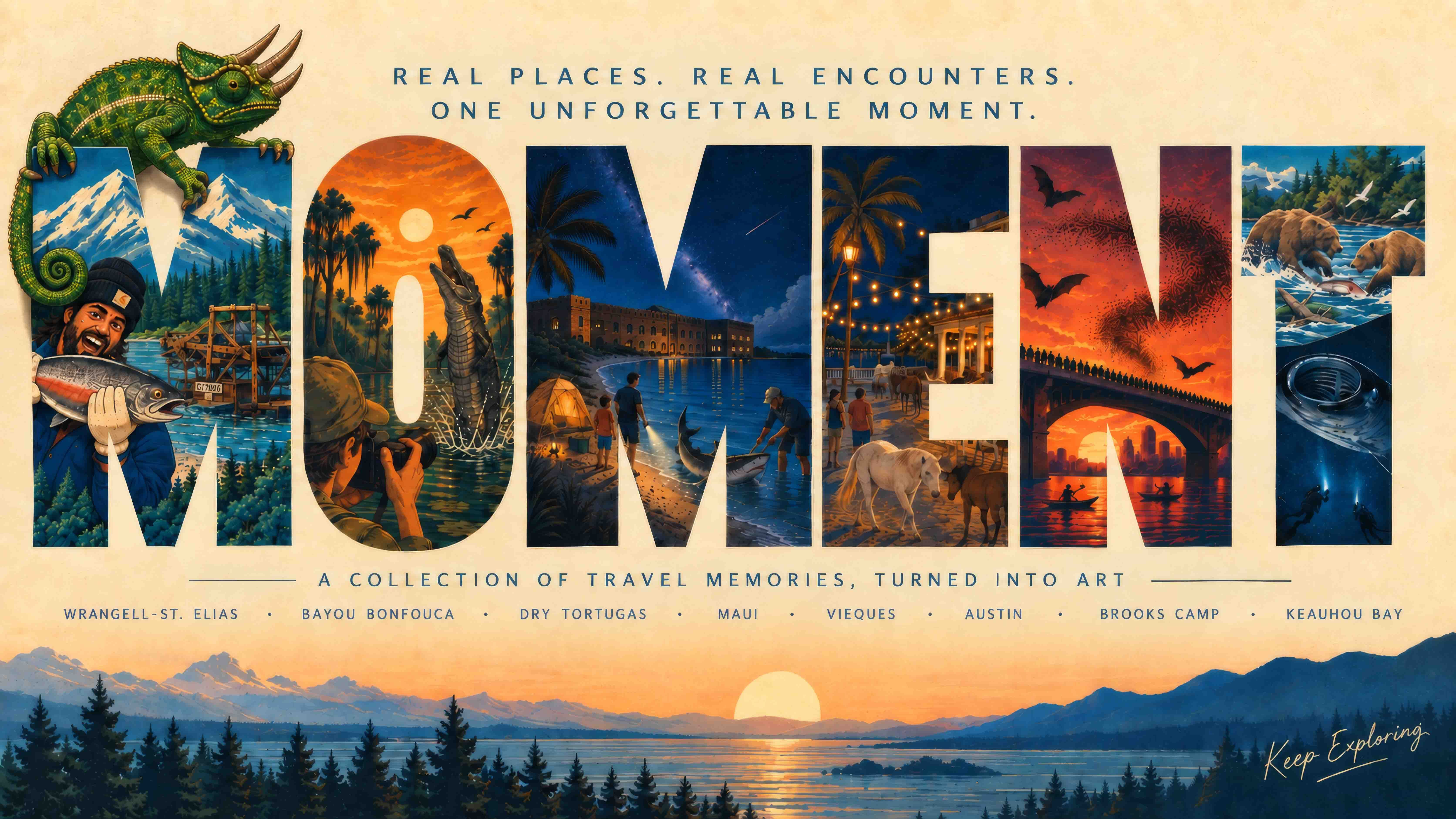 MOMENT travel art collection by Dream America USA featuring eight real travel memories from Alaska, Louisiana, Florida, Hawai‘i, Puerto Rico and Texas.