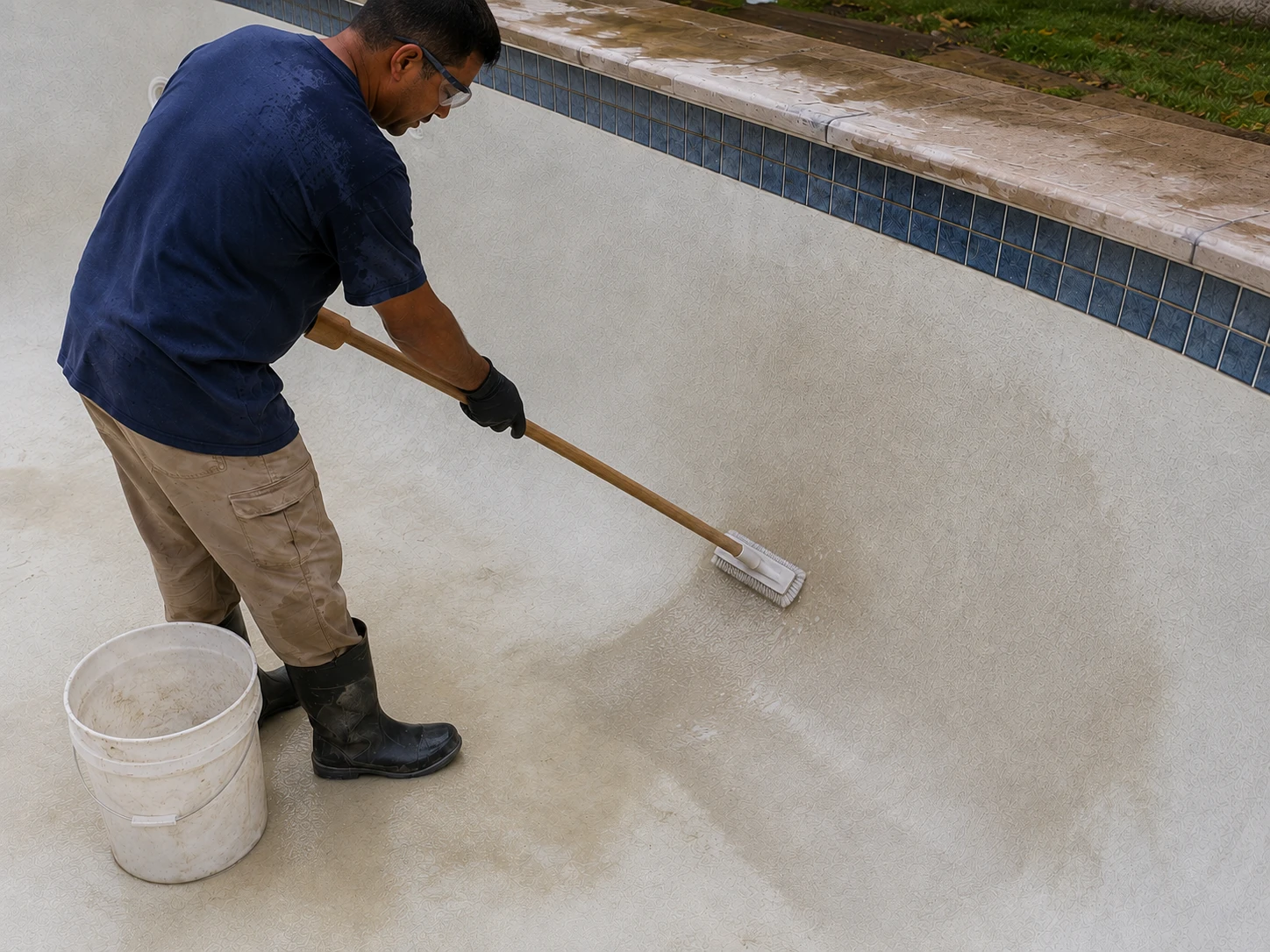 Pool technician acid etching a masonry pool surface with a long-handled deck brush