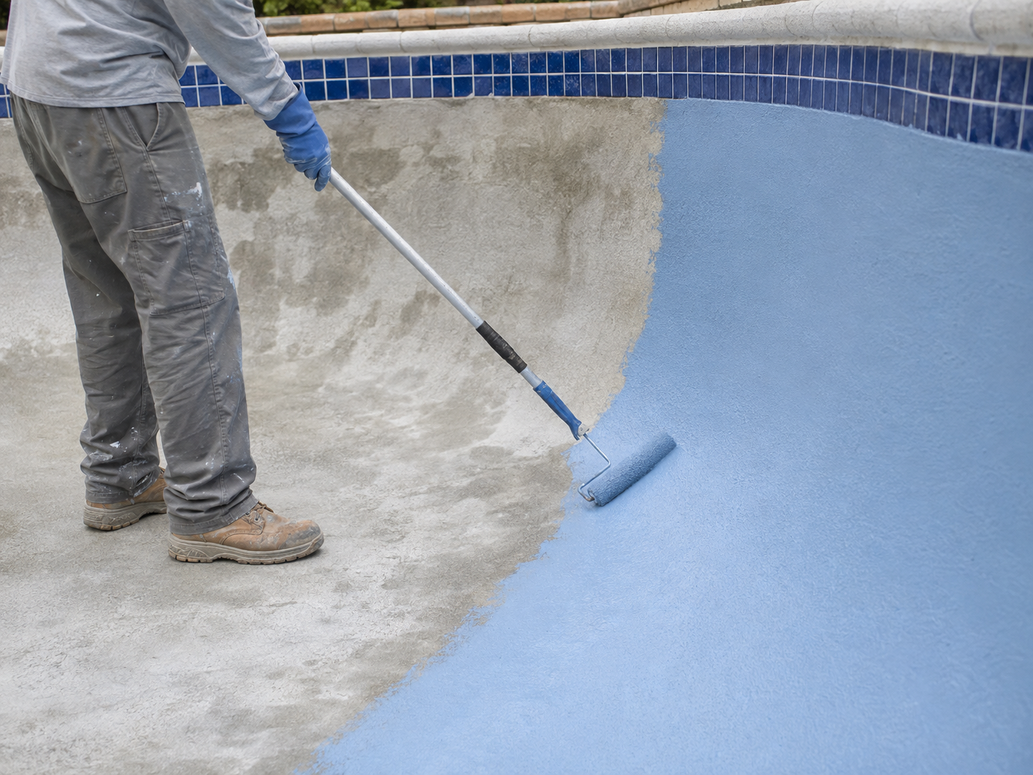 Contractor applying an acrylic coating to a slightly damp prepared pool surface