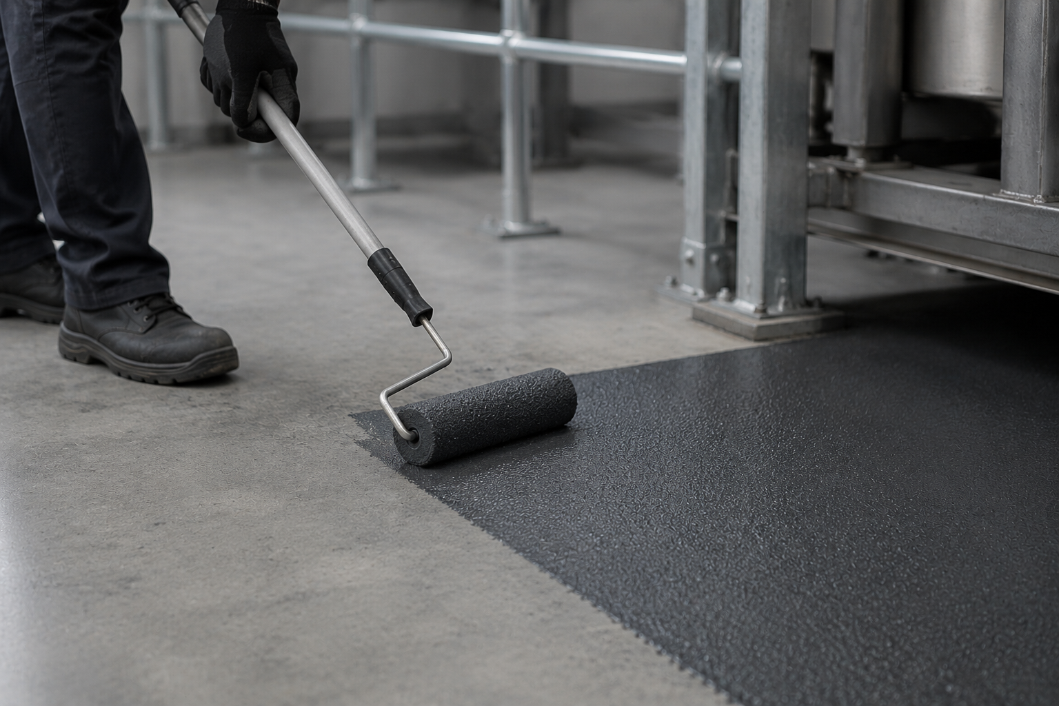 Contractor applying gray non-skid coating with a roller