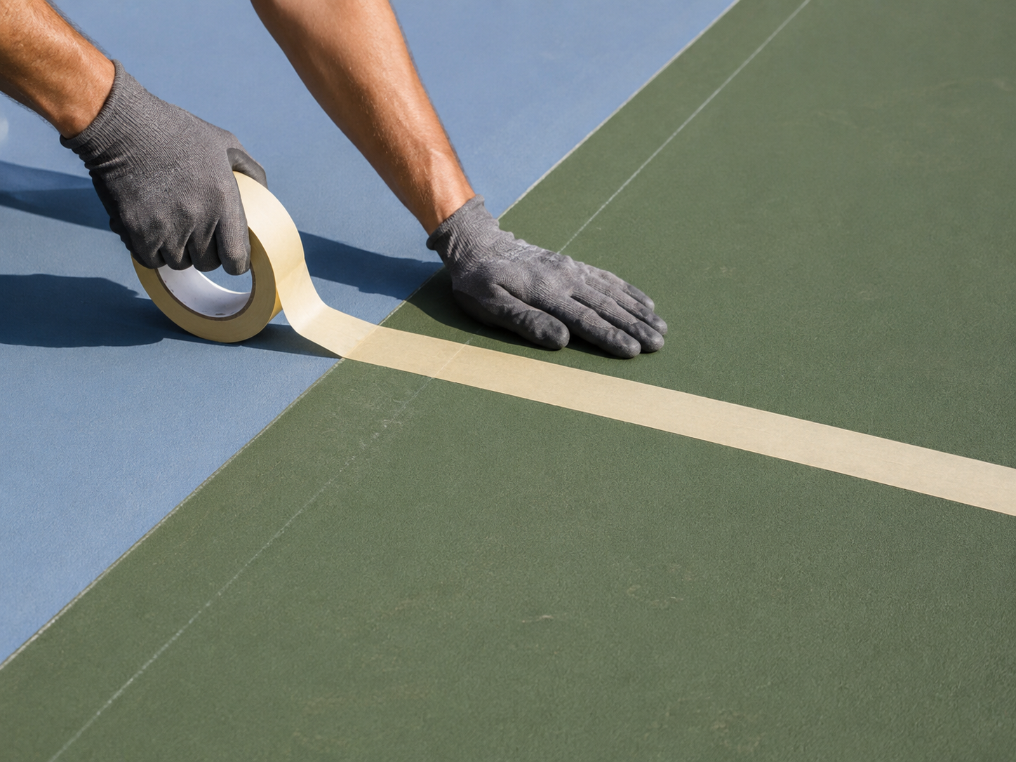 Contractor applying two-inch masking tape to prepared sport-court boundary lines