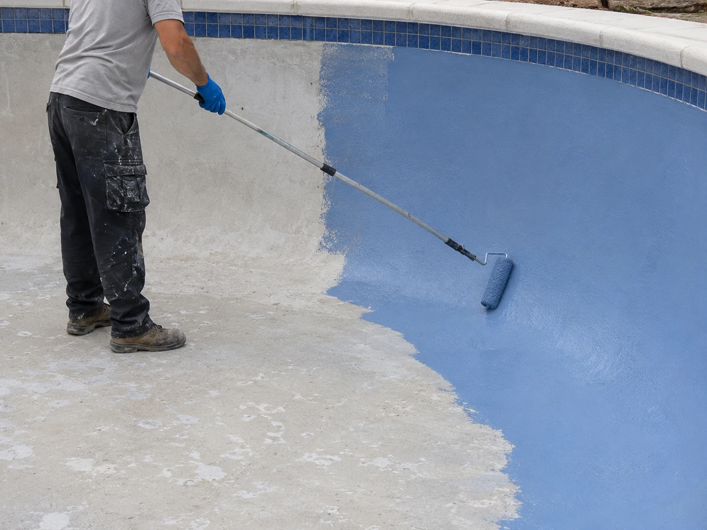 Contractor applying an epoxy coating to a prepared concrete pool surface