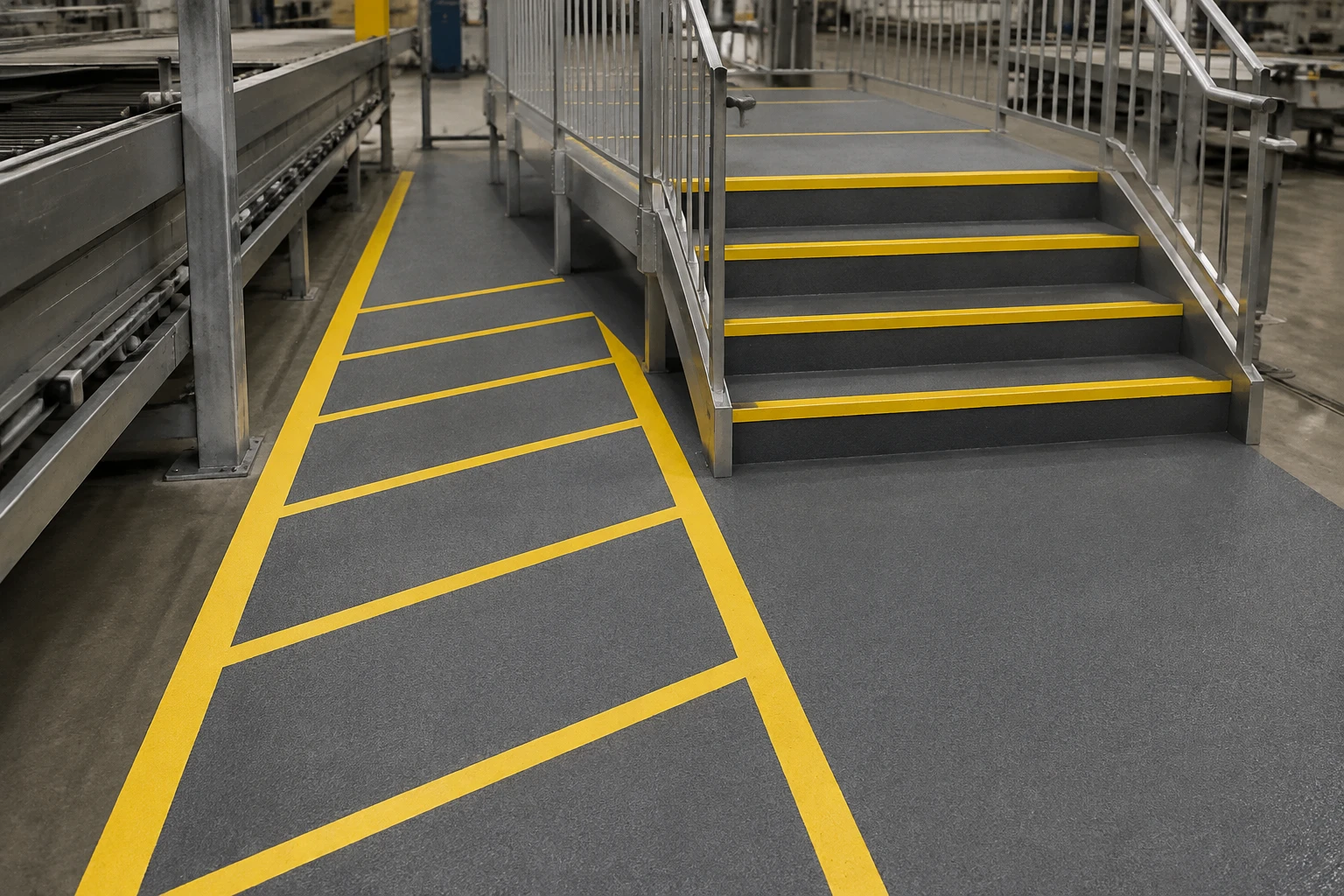Gray non-skid industrial walkway and stairs with yellow safety markings