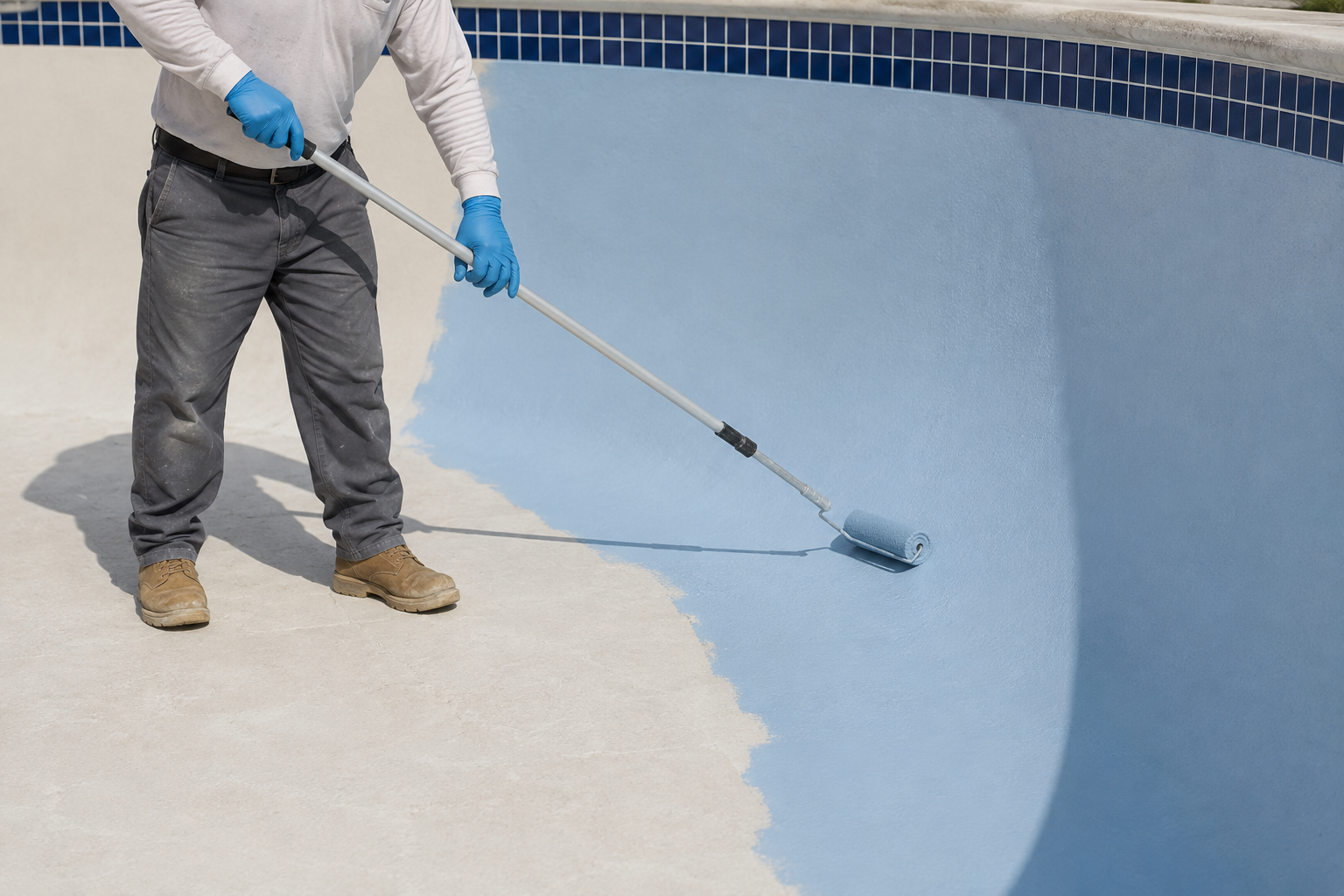 Contractor applying pale-blue coating to a prepared pool surface with a roller