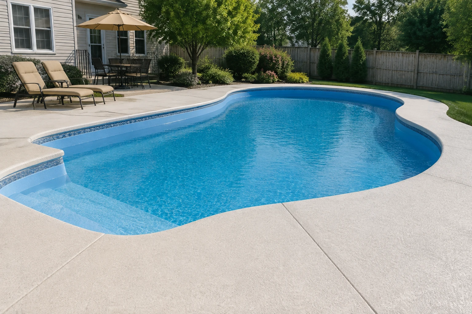 Finished blue residential swimming pool with a coated interior and concrete deck
