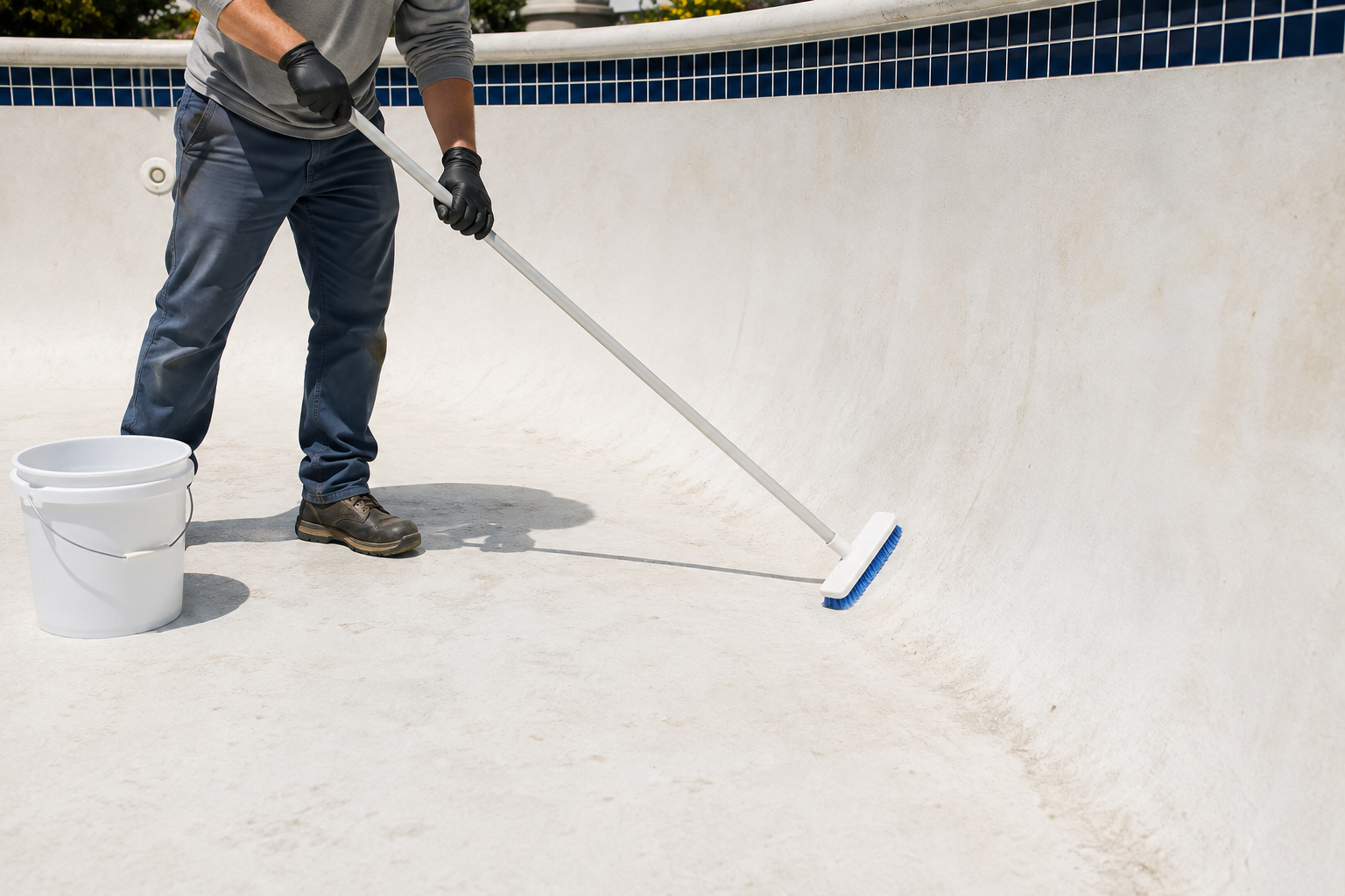 Contractor scrubbing a drained pool surface with a long-handled brush