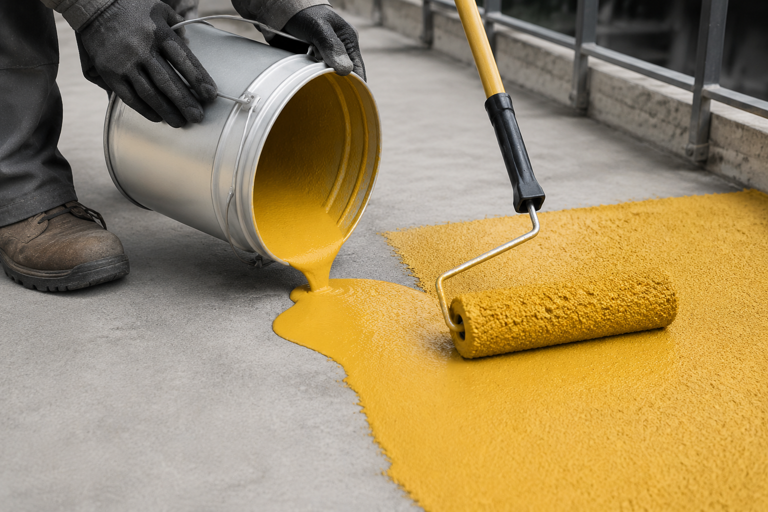 Yellow non-skid coating being poured and spread with a roller
