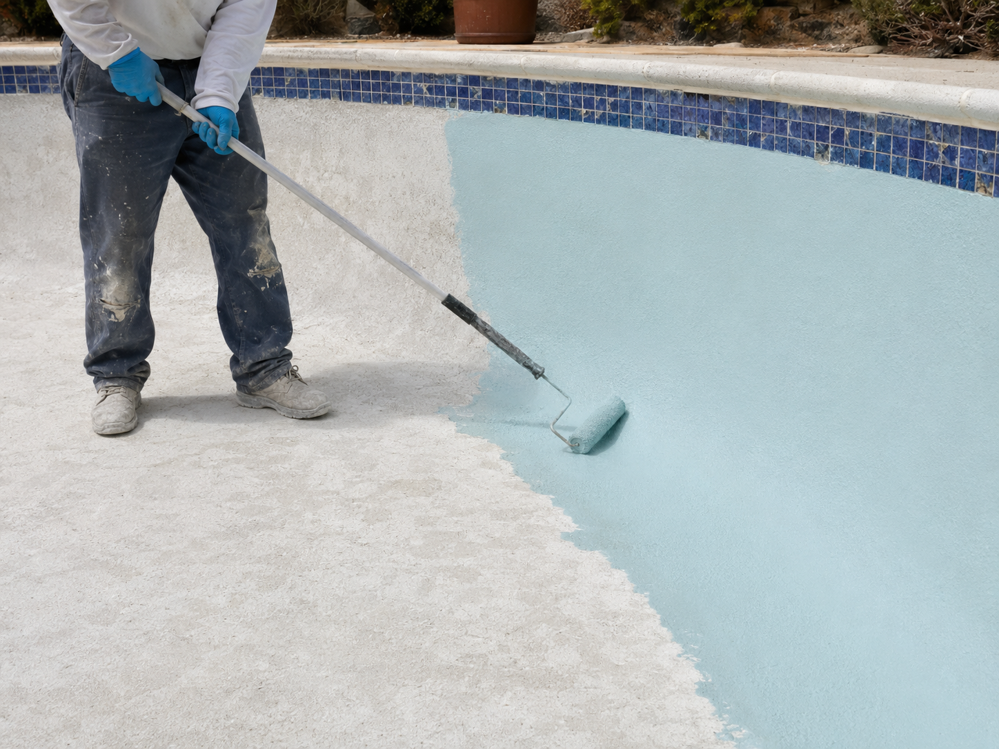 Contractor applying a rubber-base coating to a completely dry pool surface
