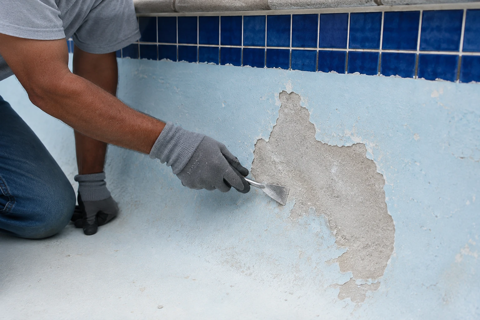 Contractor inspecting an existing pool coating and underlying cementitious surface
