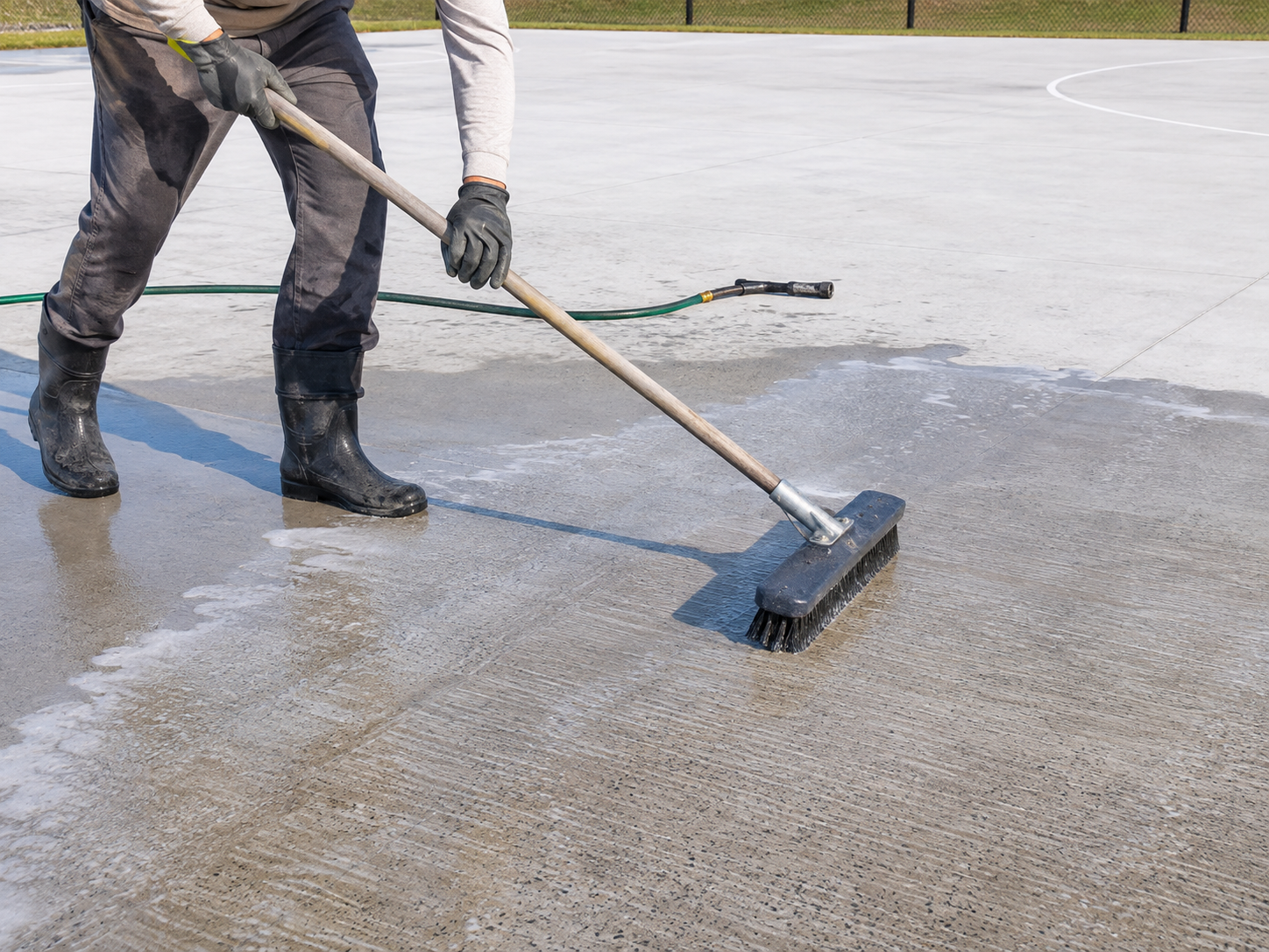 Contractor scrubbing and rinsing an unfinished concrete court surface