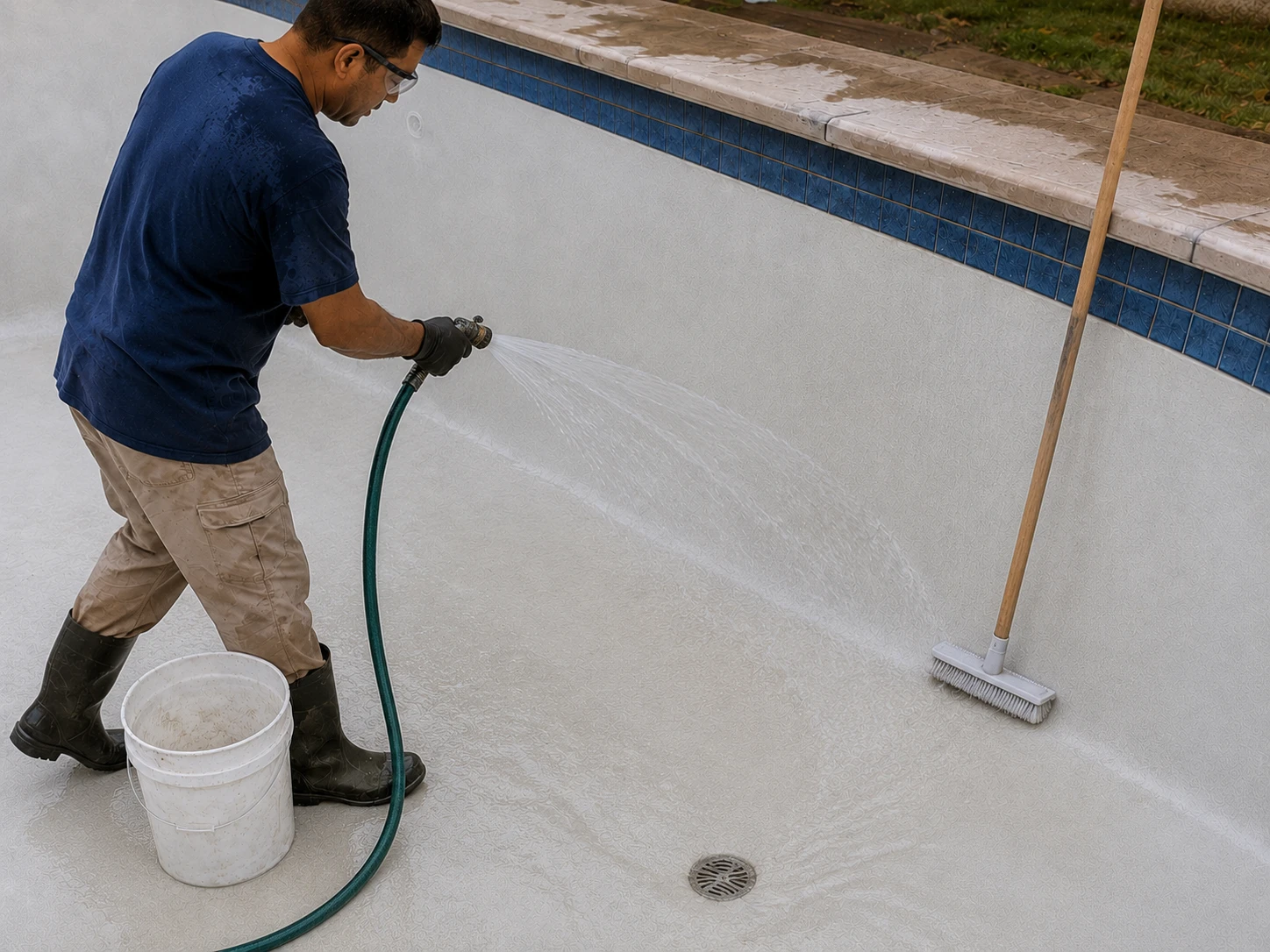 Pool technician rinsing a prepared pool surface with clear water