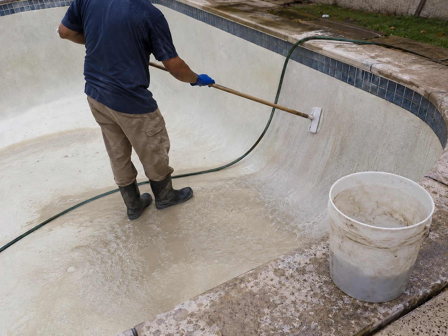 Pool technician scrubbing and washing an empty pool surface