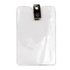 clear vinyl badge holder vertical with spring clip at top for credit card sized inserts