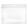clear rigid hard plastic badge holder with slot and chain holes at top horizontal orientation